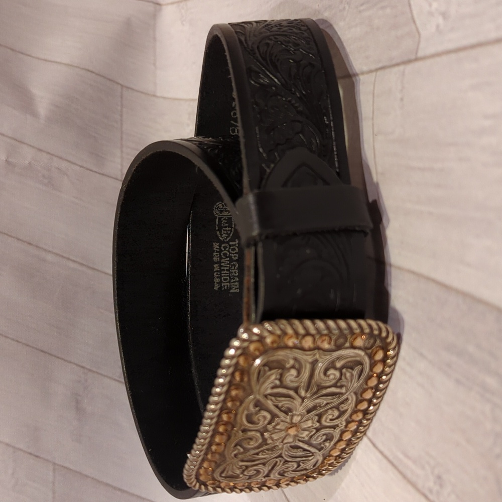Justin Boots Black Engraved Leather Belt with Jeweled Buckle - Picture 3 of 6